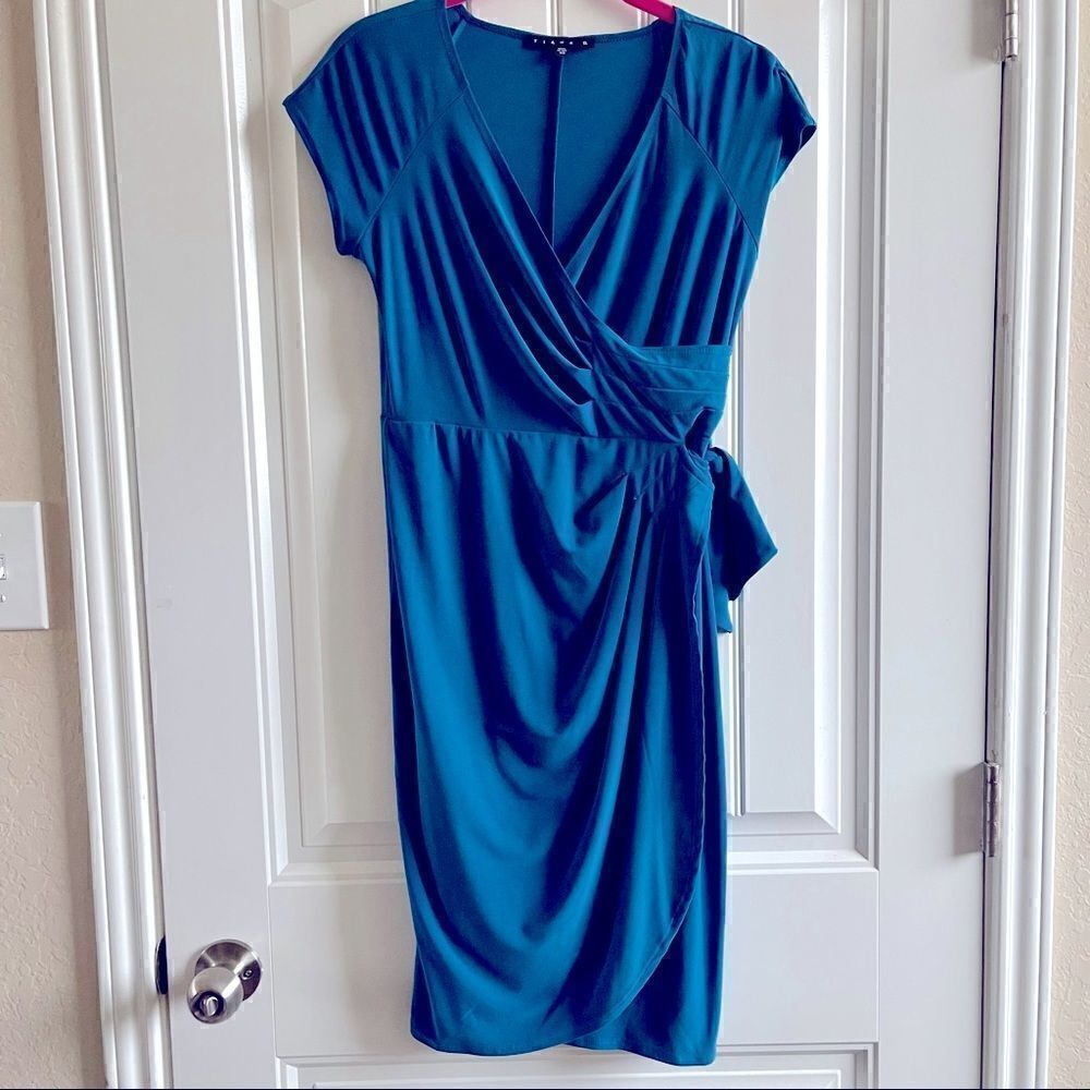 Tiana B Teal Faux Wrap Ruched Midi Dress Side Tie XS